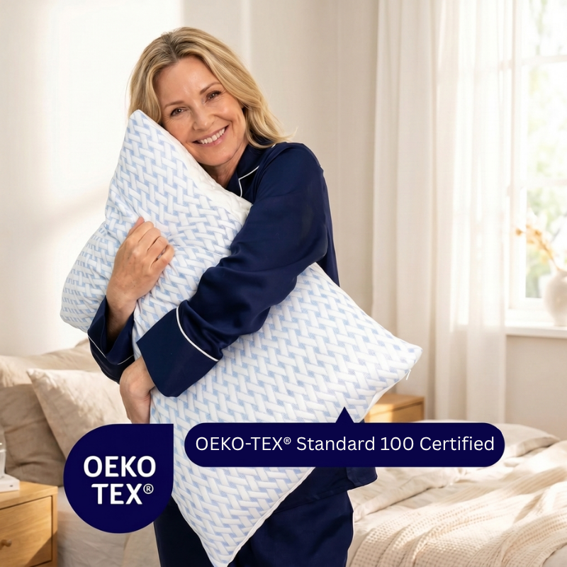 Woman hugging the Welcari pillow — OEKO-TEX Standard 100 certified